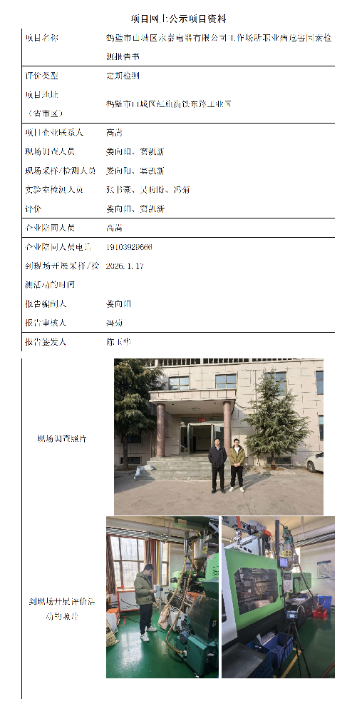 鹤壁市山城区永泰电器有限公司工作场所职业病危害因素检测报告书